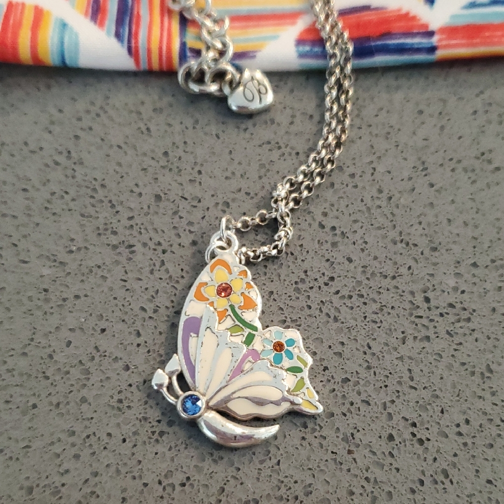 Brighton Silver Butterfly Necklace with Floral Accents